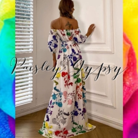 Glamorous Rainbow Floral Maxi Off the Shoulder Formal Gown - Picture 2 of 11